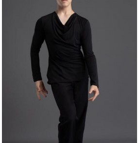 Black royal blue latin ballroom dance shirts for men youth stage performance waltz tango flamenco training compeition performance tops for man